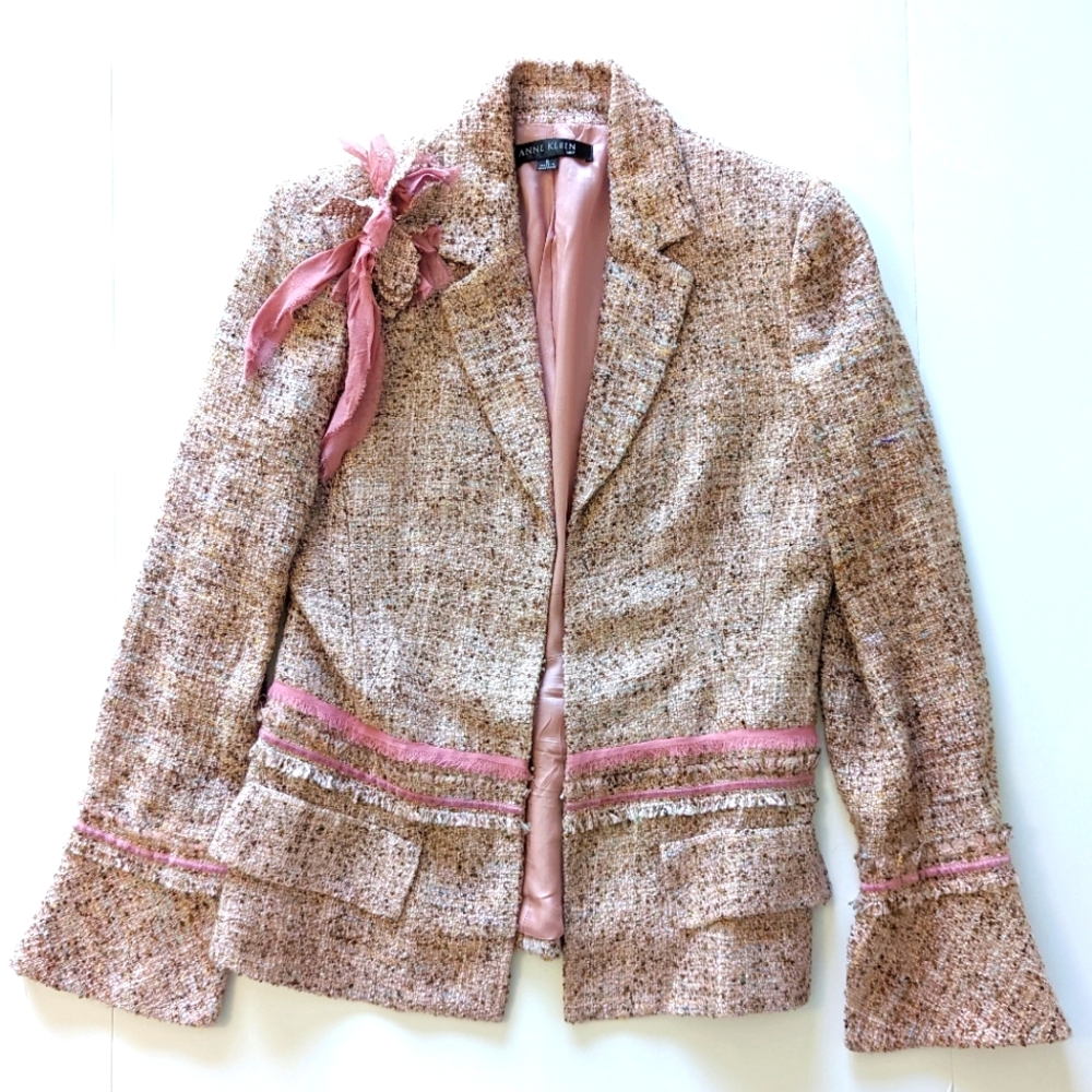 Anne Klein wool tweed women's pink & Brown suit jacket size 8
